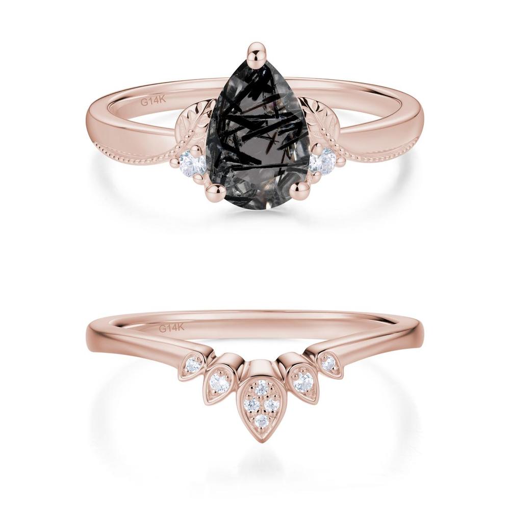 Vintage Pear Cut London Blue Topaz Leaf Ring Set - LUO Jewelry #gemstone_Black Rutilated Quartz