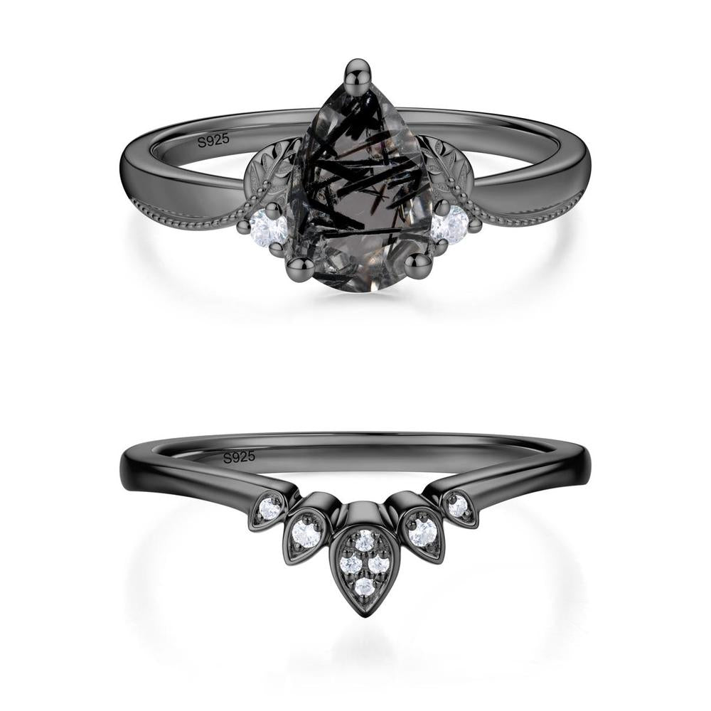 Vintage Pear Cut London Blue Topaz Leaf Ring Set - LUO Jewelry #gemstone_Black Rutilated Quartz