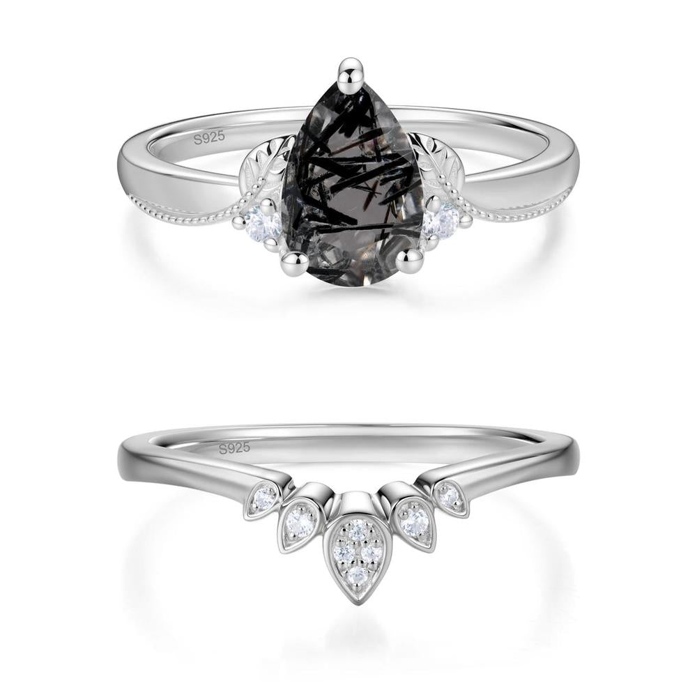 Vintage Pear Cut London Blue Topaz Leaf Ring Set - LUO Jewelry #gemstone_Black Rutilated Quartz