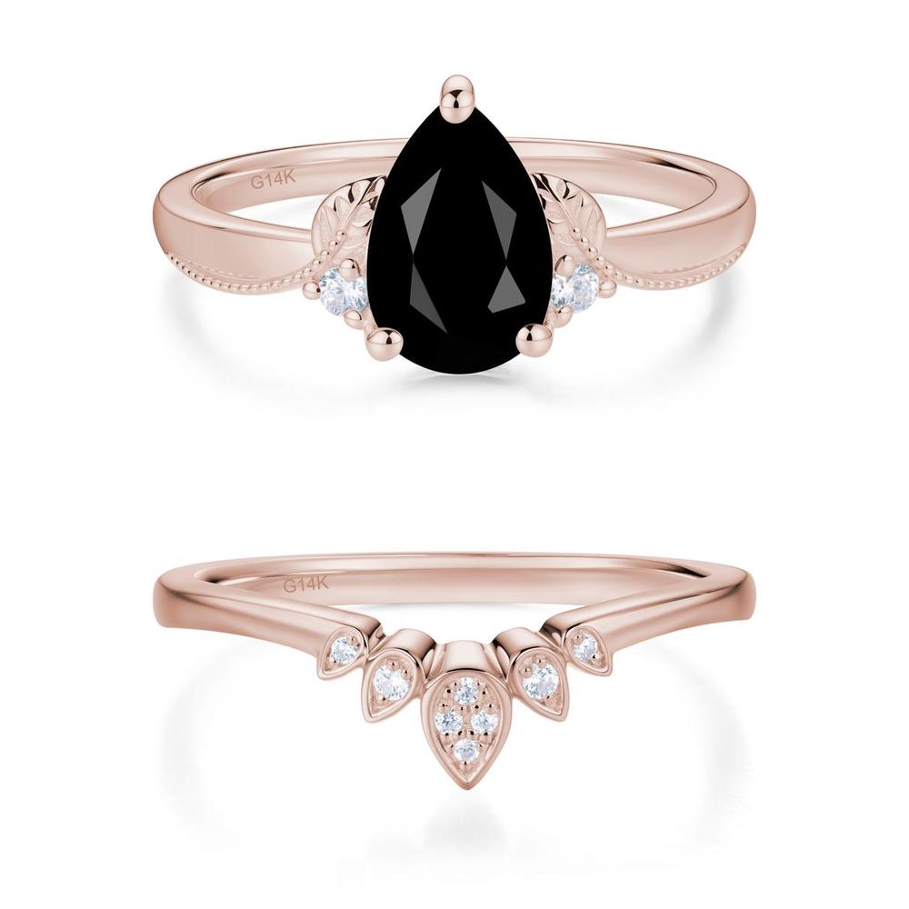 Vintage Pear Cut London Blue Topaz Leaf Ring Set - LUO Jewelry #gemstone_Black Spinel