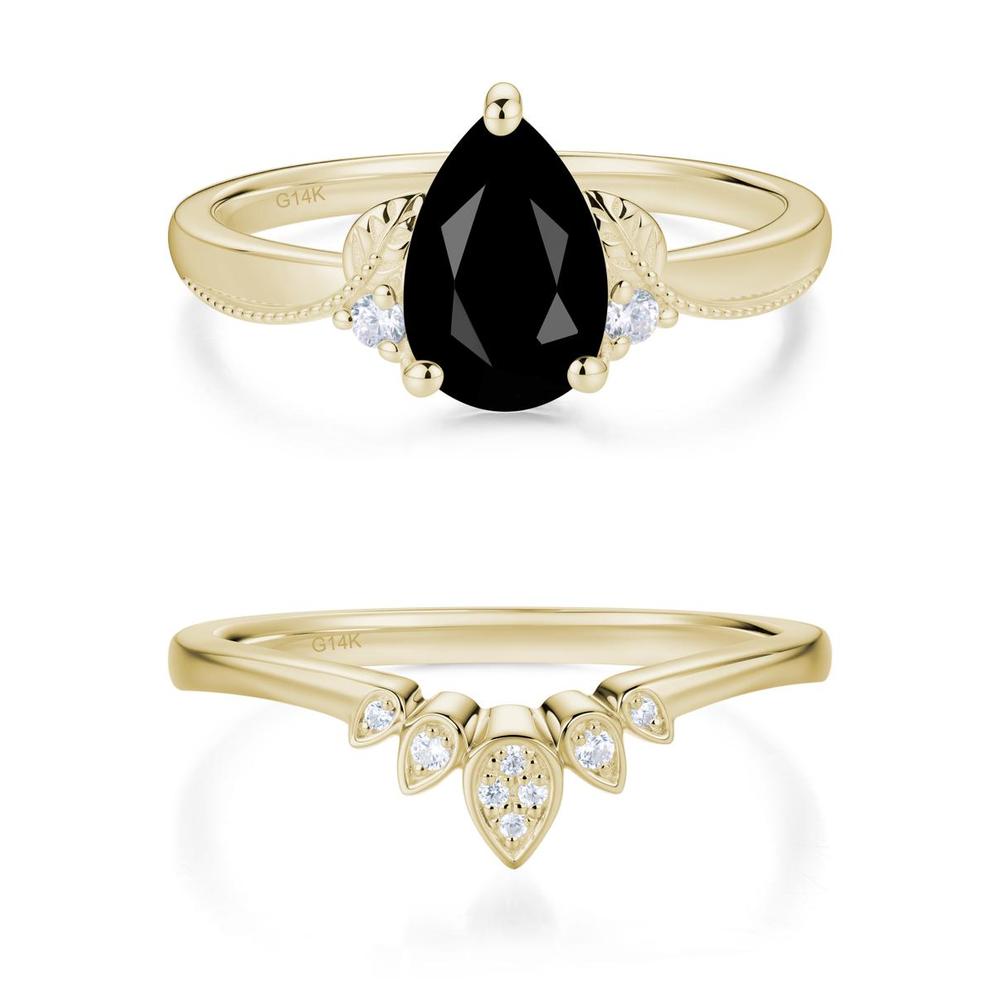 Vintage Pear Cut London Blue Topaz Leaf Ring Set - LUO Jewelry #gemstone_Black Spinel