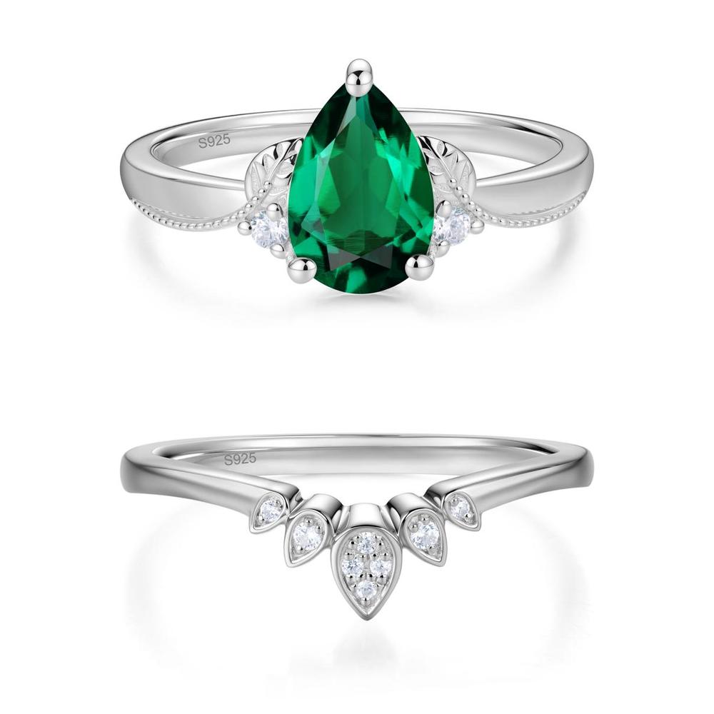 Vintage Pear Cut London Blue Topaz Leaf Ring Set - LUO Jewelry #gemstone_Emerald