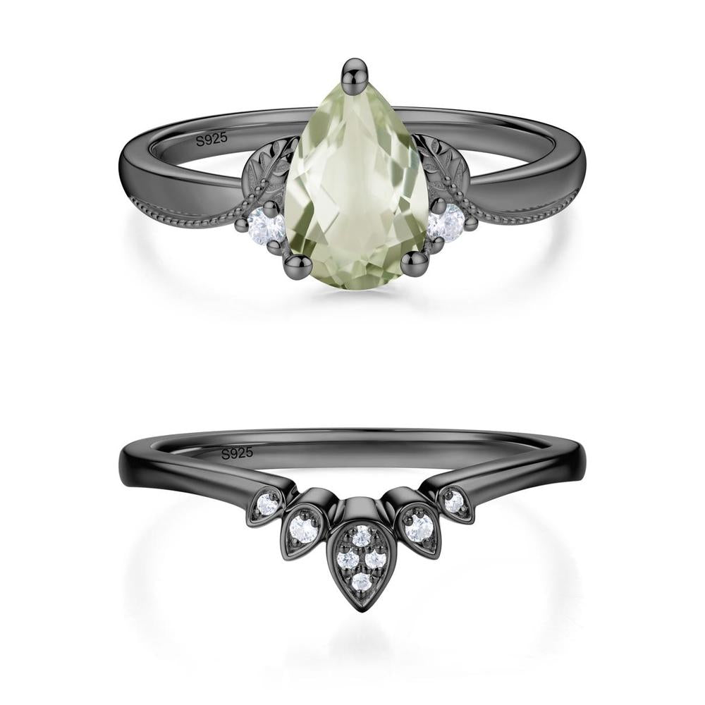 Vintage Pear Cut London Blue Topaz Leaf Ring Set - LUO Jewelry #gemstone_Green Amethyst