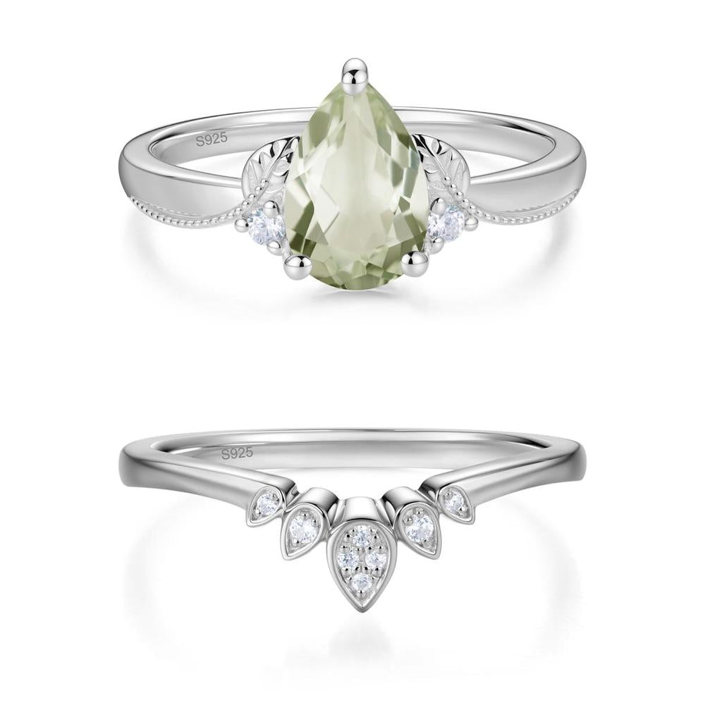 Vintage Pear Cut London Blue Topaz Leaf Ring Set - LUO Jewelry #gemstone_Green Amethyst