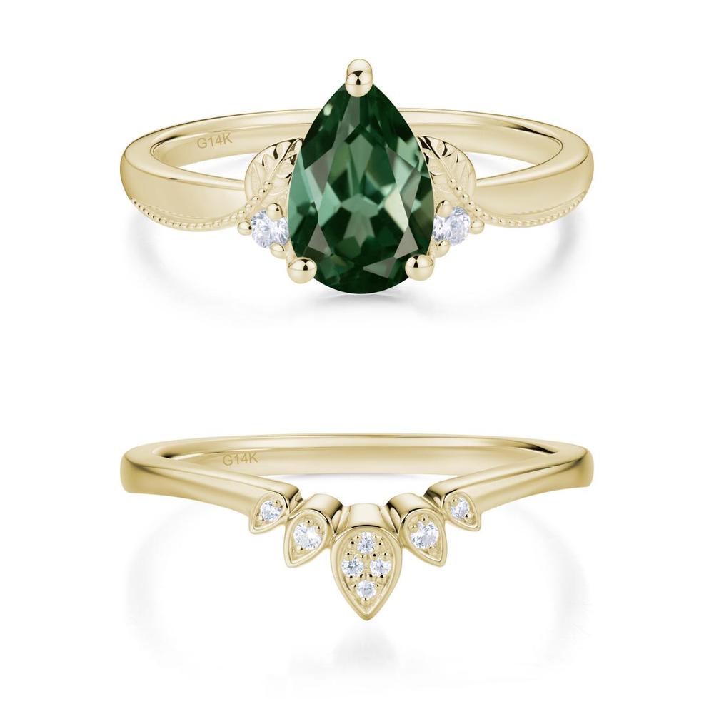 Vintage Pear Cut London Blue Topaz Leaf Ring Set - LUO Jewelry #gemstone_Green Sapphire