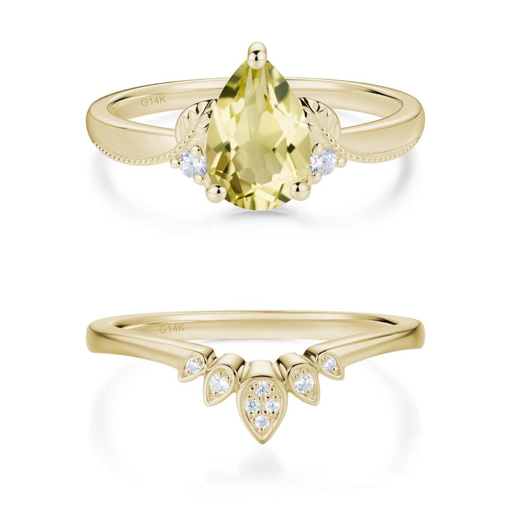 Vintage Pear Cut London Blue Topaz Leaf Ring Set - LUO Jewelry #gemstone_Lemon Quartz