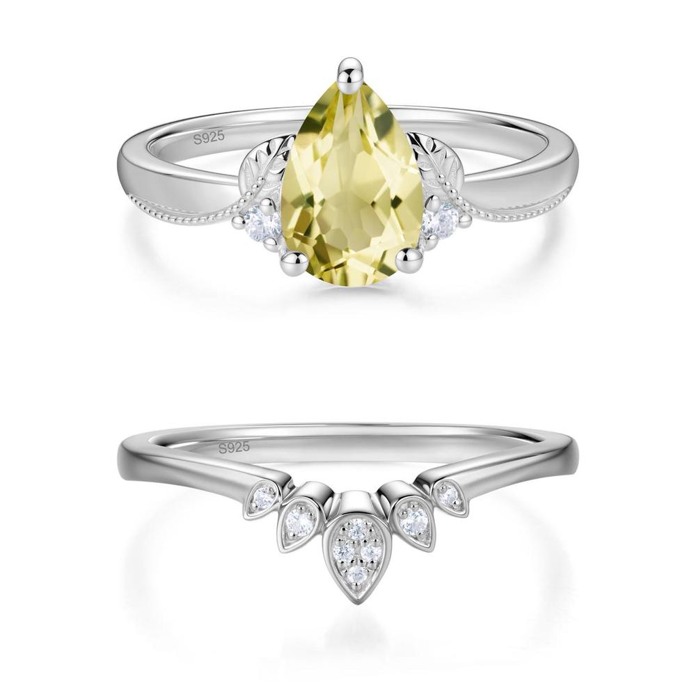 Vintage Pear Cut London Blue Topaz Leaf Ring Set - LUO Jewelry #gemstone_Lemon Quartz
