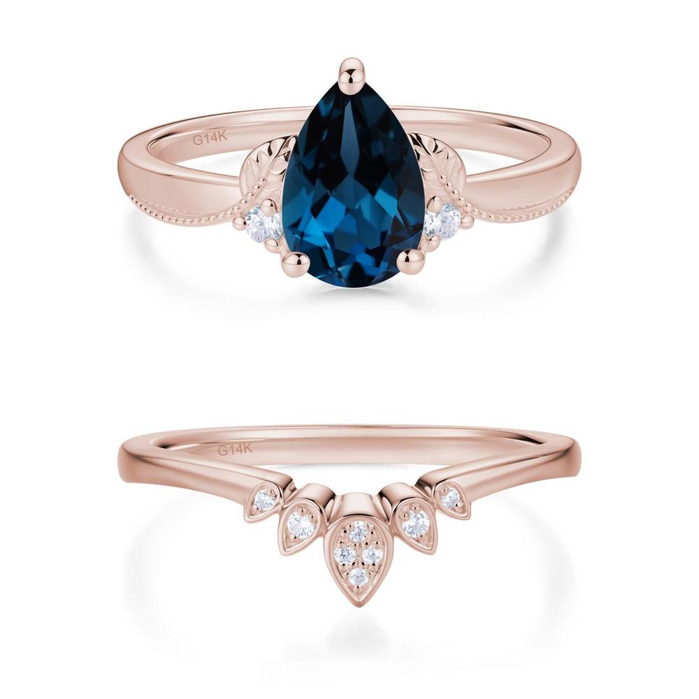 Vintage Pear Cut London Blue Topaz Leaf Ring Set - LUO Jewelry #gemstone_London Blue Topaz