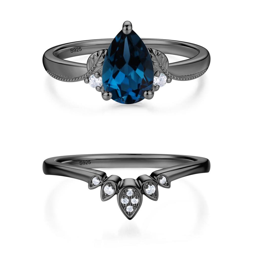 Vintage Pear Cut London Blue Topaz Leaf Ring Set - LUO Jewelry #gemstone_London Blue Topaz