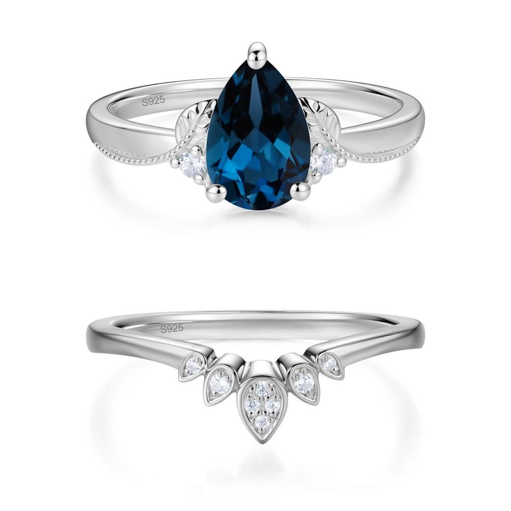Vintage Pear Cut London Blue Topaz Leaf Ring Set - LUO Jewelry #gemstone_London Blue Topaz
