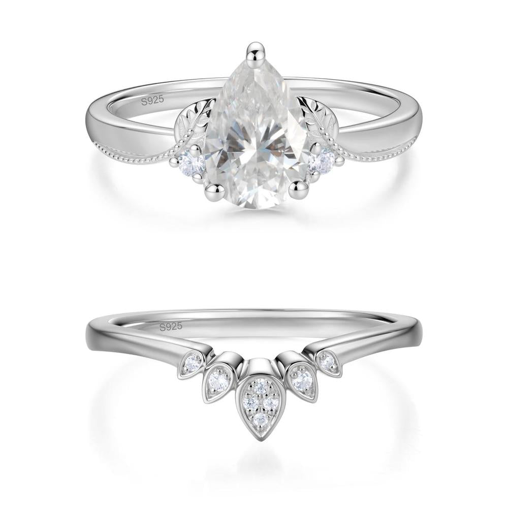 Vintage Pear Cut London Blue Topaz Leaf Ring Set - LUO Jewelry #gemstone_Moissanite