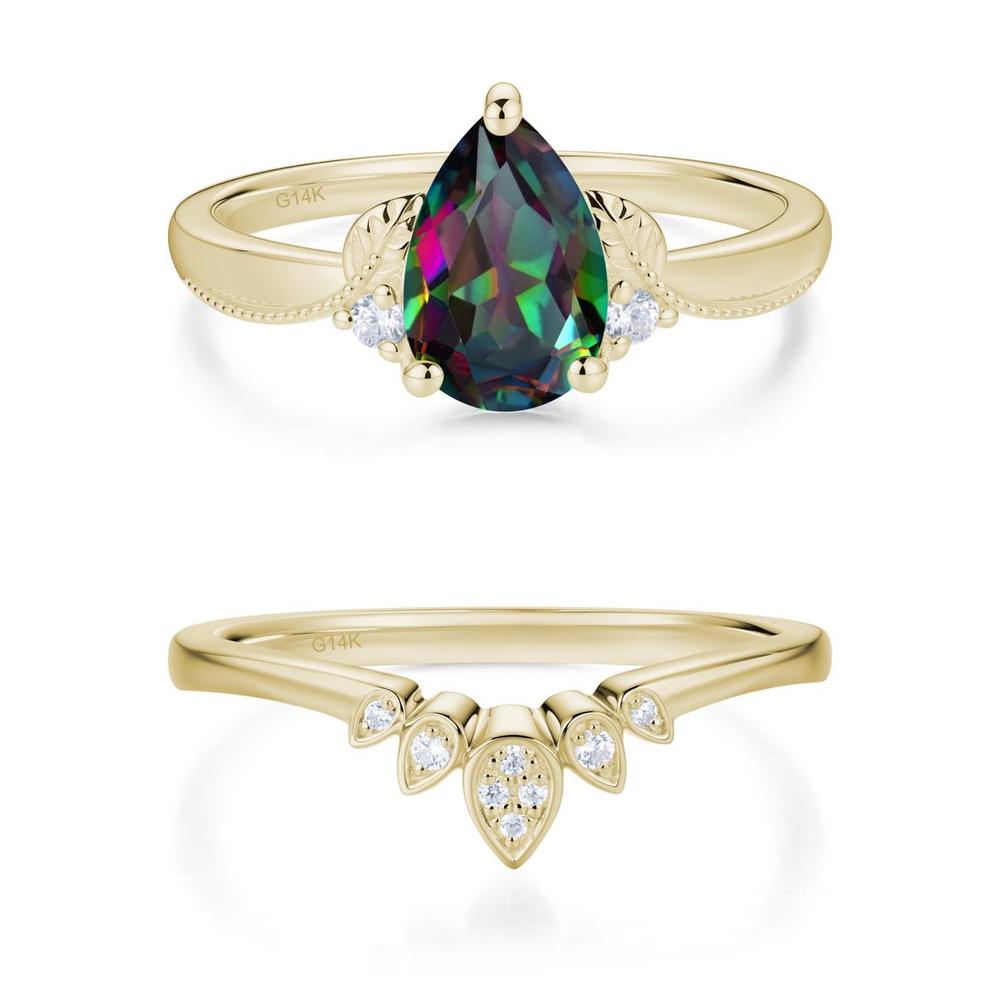 Vintage Pear Cut London Blue Topaz Leaf Ring Set - LUO Jewelry #gemstone_Mystic Topaz