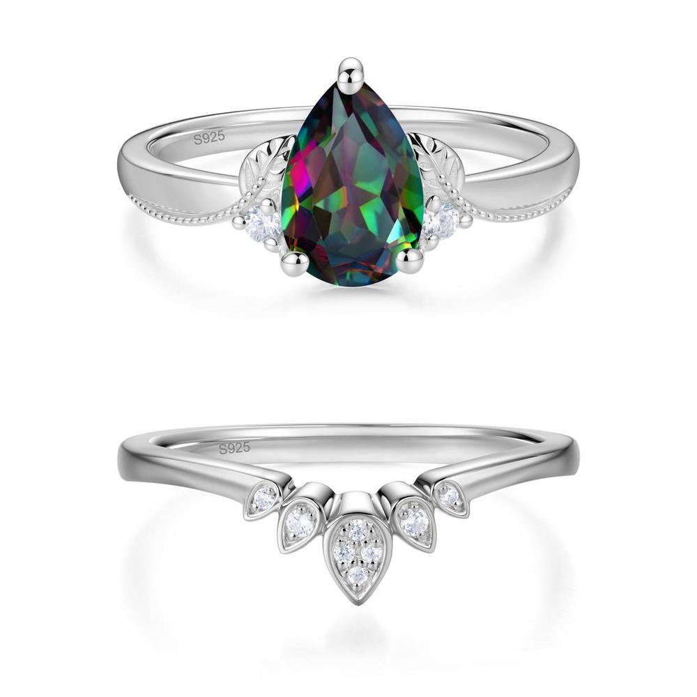 Vintage Pear Cut London Blue Topaz Leaf Ring Set - LUO Jewelry #gemstone_Mystic Topaz