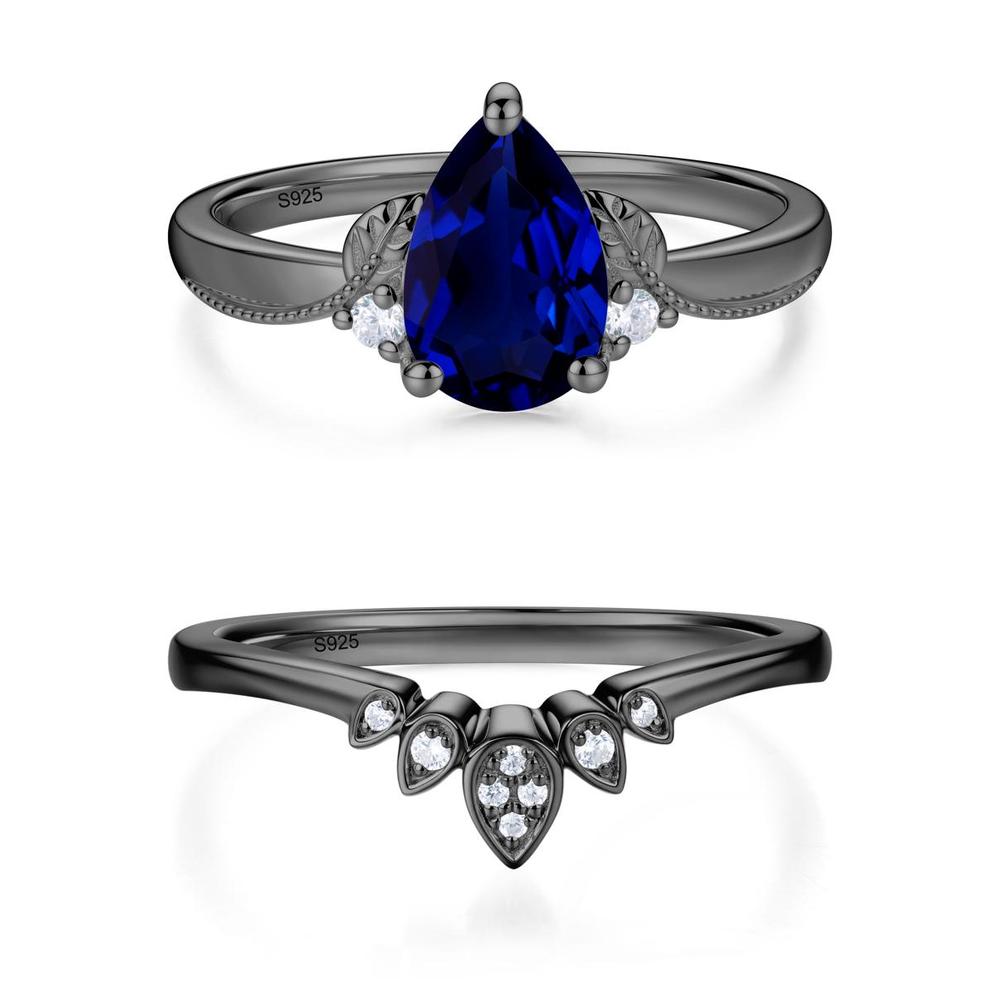 Vintage Pear Cut London Blue Topaz Leaf Ring Set - LUO Jewelry #gemstone_Sapphire