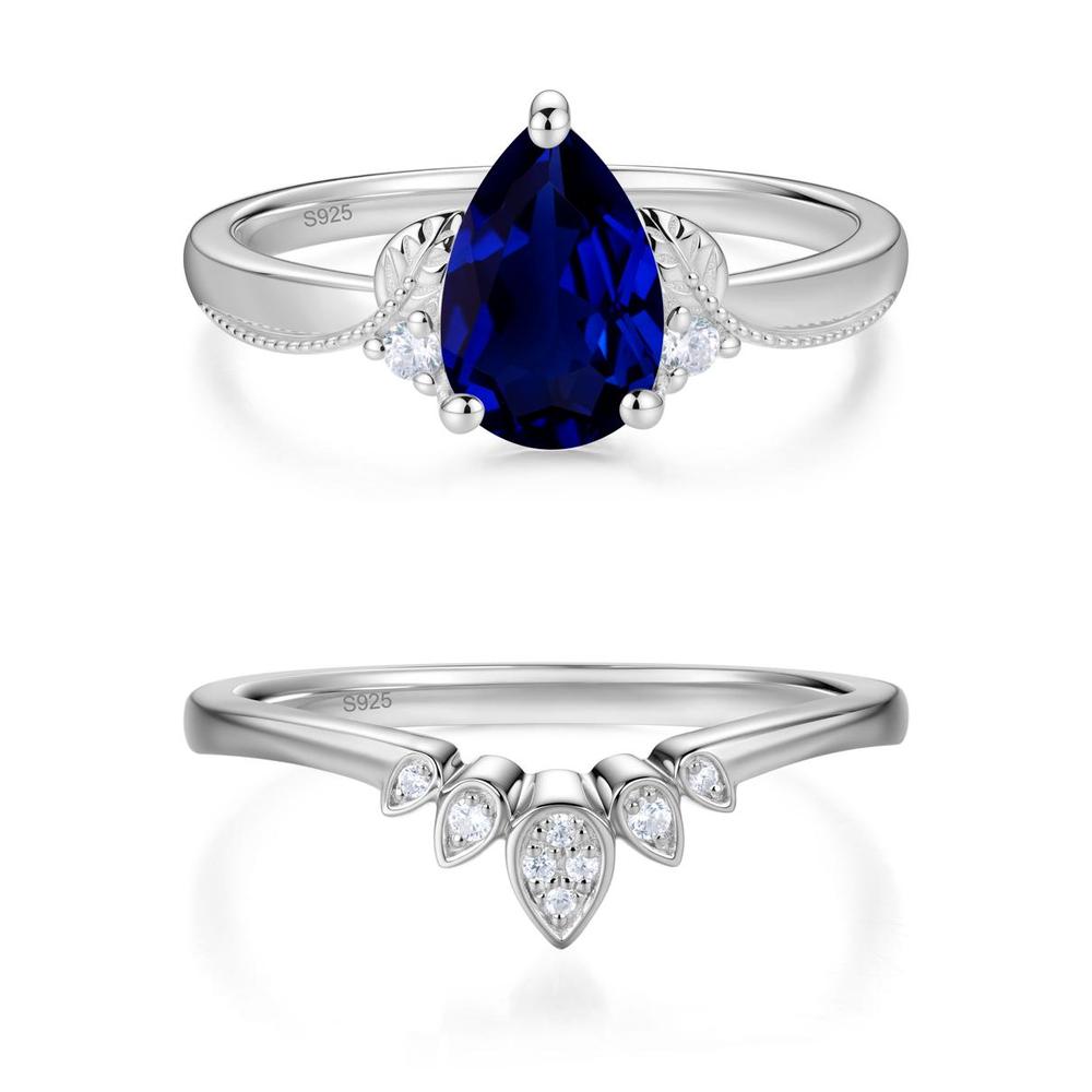 Vintage Pear Cut London Blue Topaz Leaf Ring Set - LUO Jewelry #gemstone_Sapphire