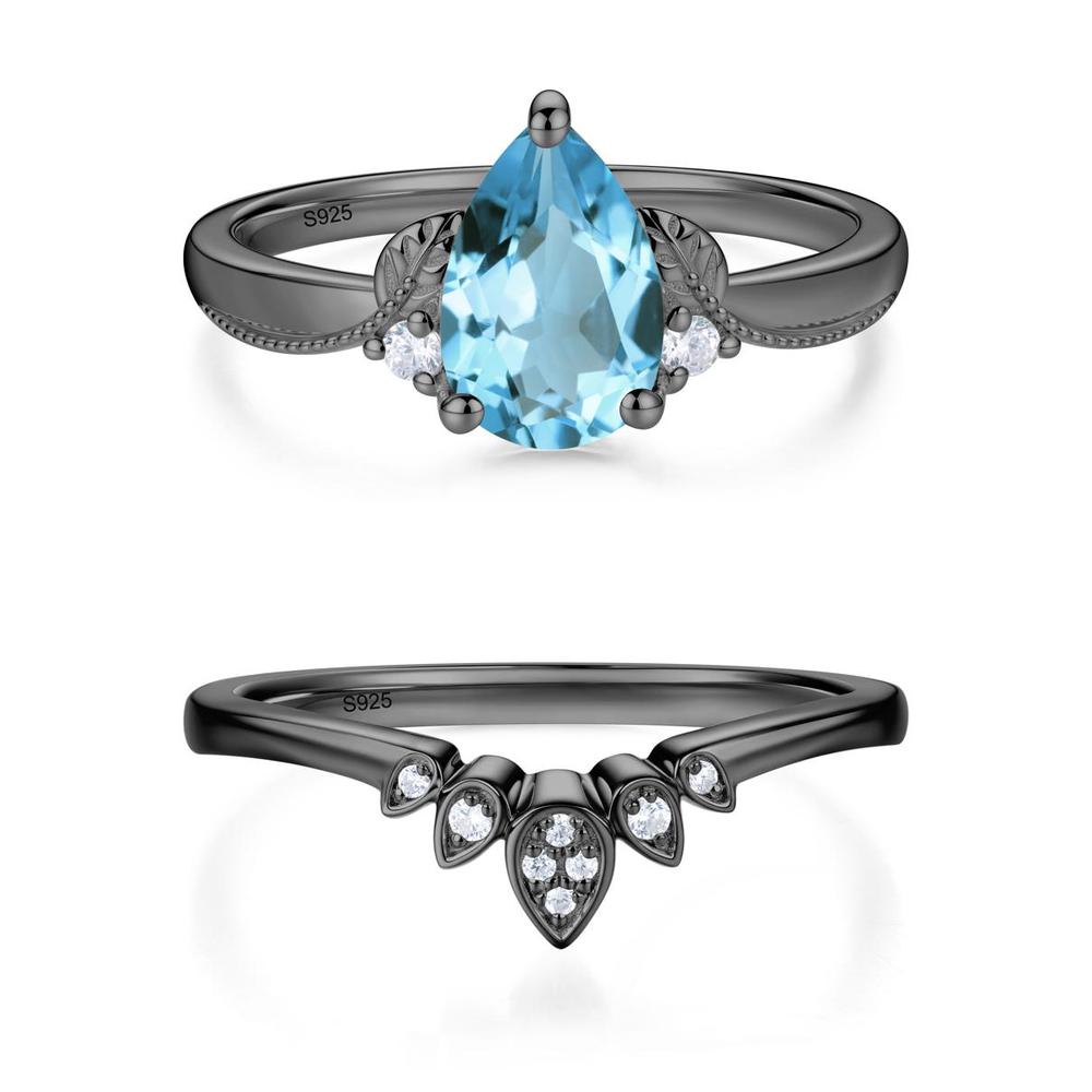 Vintage Pear Cut London Blue Topaz Leaf Ring Set - LUO Jewelry #gemstone_Swiss Blue Topaz