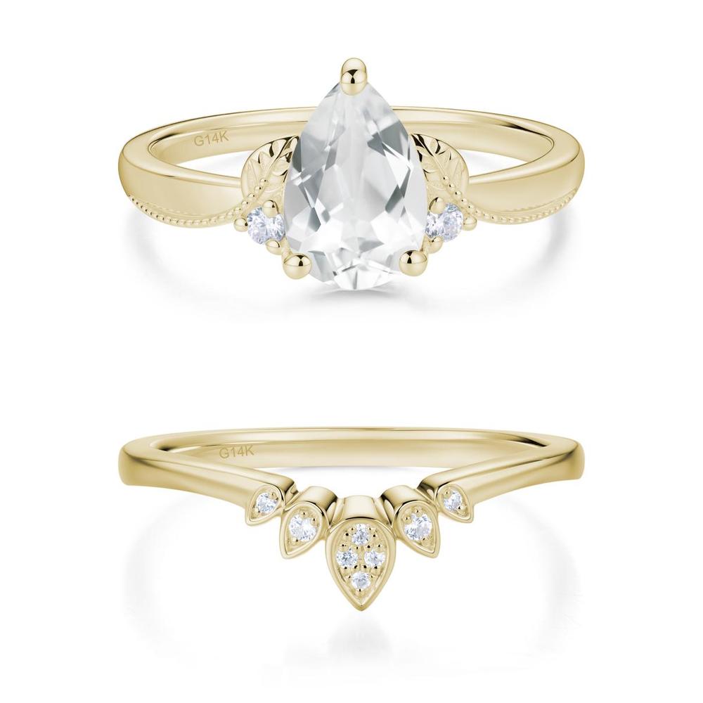 Vintage Pear Cut London Blue Topaz Leaf Ring Set - LUO Jewelry #gemstone_White Topaz