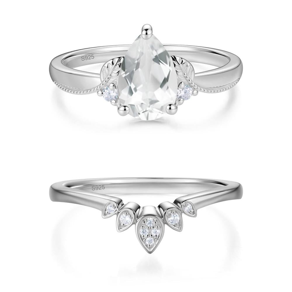 Vintage Pear Cut London Blue Topaz Leaf Ring Set - LUO Jewelry #gemstone_White Topaz