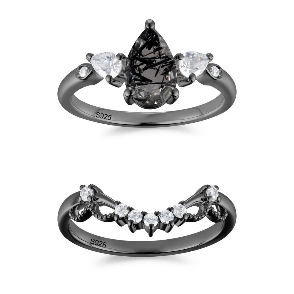 Victorian Milgrain Pear Cut Amethyst Ring Set - LUO Jewelry #gemstone_Black Rutilated Quartz