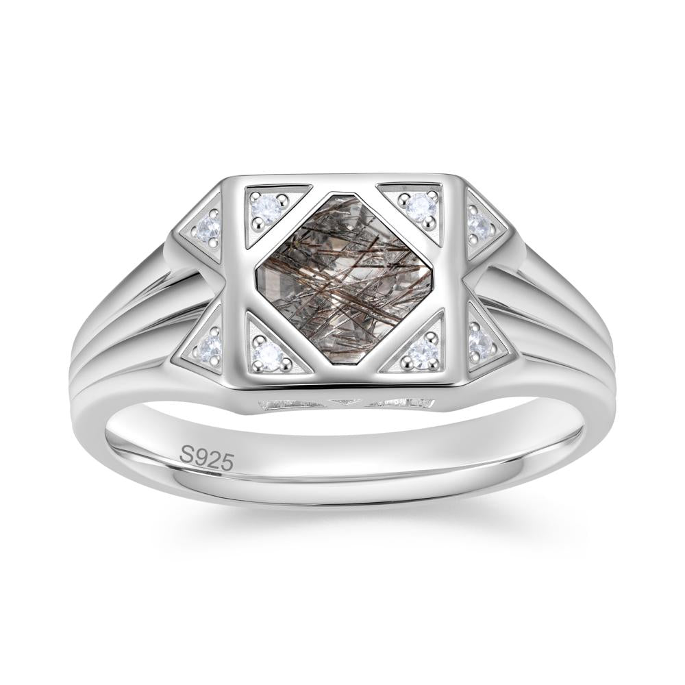 Asscher Cut Alexandrite Halo Men's Wide Band Ring - LUO Jewelry #gemstone_Black Rutilated Quartz