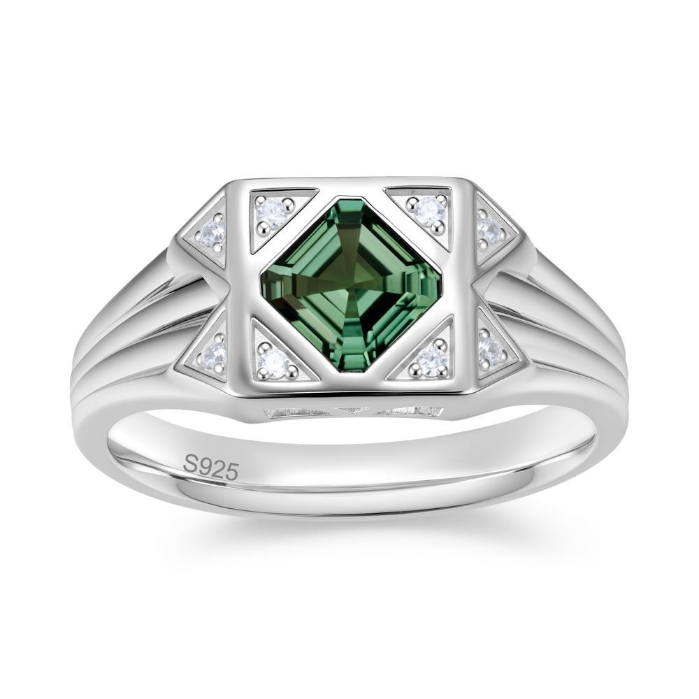 Asscher Cut Alexandrite Halo Men's Wide Band Ring - LUO Jewelry #gemstone_Green Sapphire