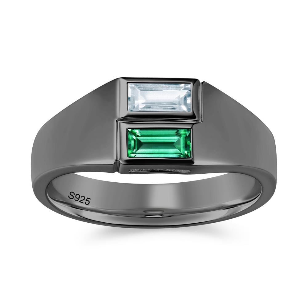 Toi Et Moi Sapphire and White Topaz Wide Band Ring for Mens - LUO Jewelry #gemstone_Aquamarine and Emerald