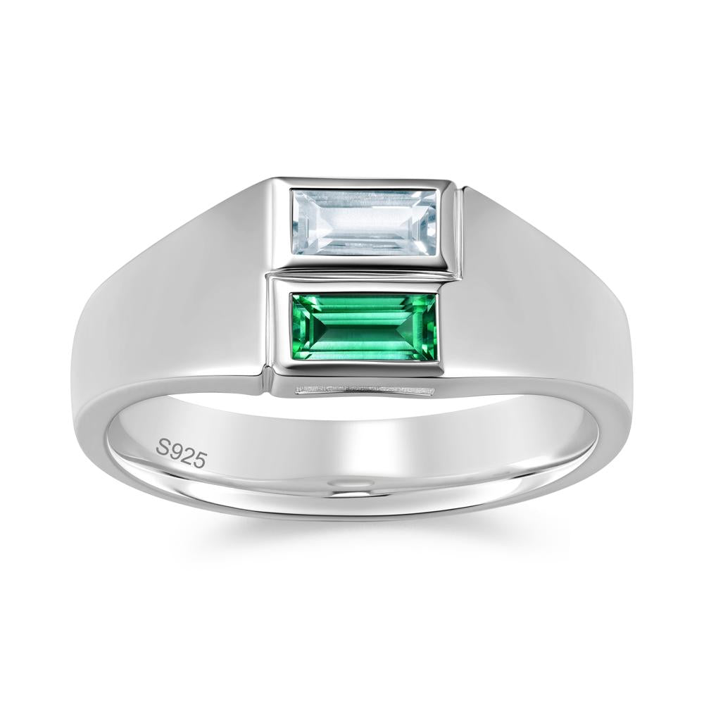Toi Et Moi Sapphire and White Topaz Wide Band Ring for Mens - LUO Jewelry #gemstone_Aquamarine and Emerald