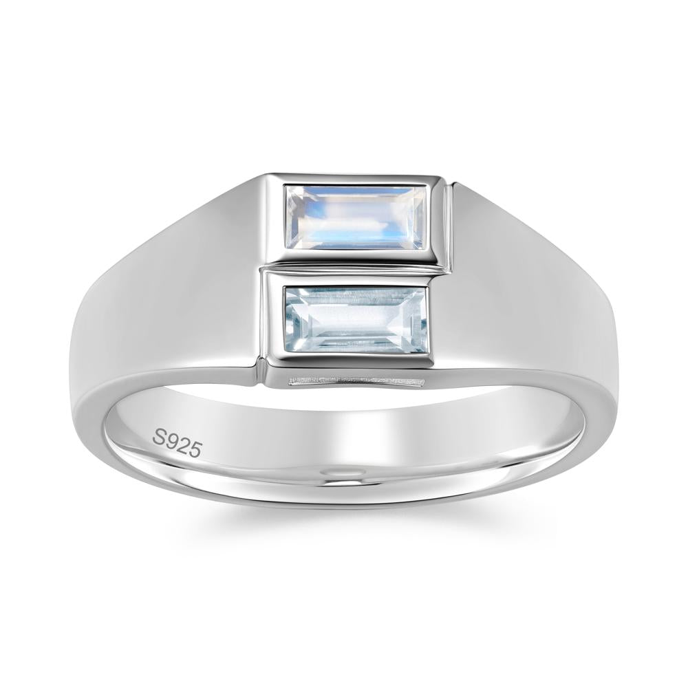 Toi Et Moi Sapphire and White Topaz Wide Band Ring for Mens - LUO Jewelry #gemstone_Aquamarine and Moonstone