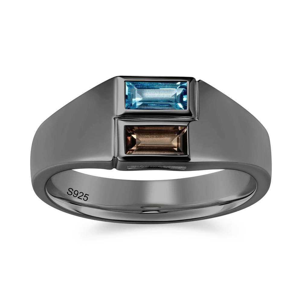 Toi Et Moi Sapphire and White Topaz Wide Band Ring for Mens - LUO Jewelry #gemstone_London Blue Topaz and Smoky Quartz