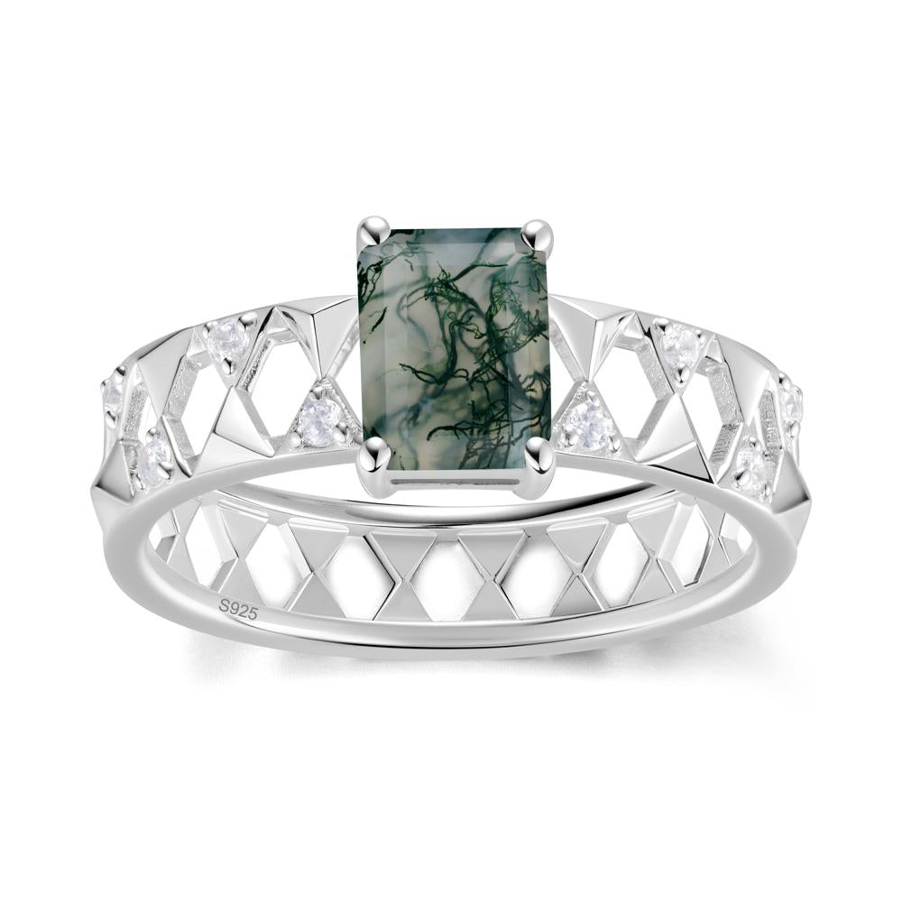 Emerald Cut Garnet Pyramid Hollow Ring for Men - LUO Jewelry #gemstone_Moss Agate