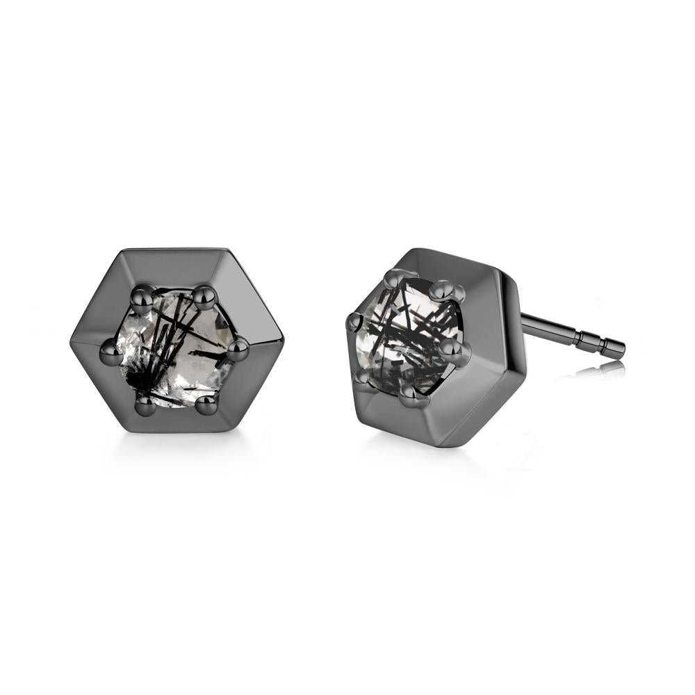 Minimalist Solitaire Round Alexandrite Stud Earrings - LUO Jewelry #gemstone_Black Rutilated Quartz