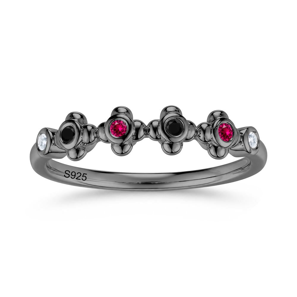 Four Leaf Clover Cubic Zirconia and Ruby and Sapphire Wedding Band Ring - LUO Jewelry #gemstone_Black Spinel and Cubic Zirconia and Ruby