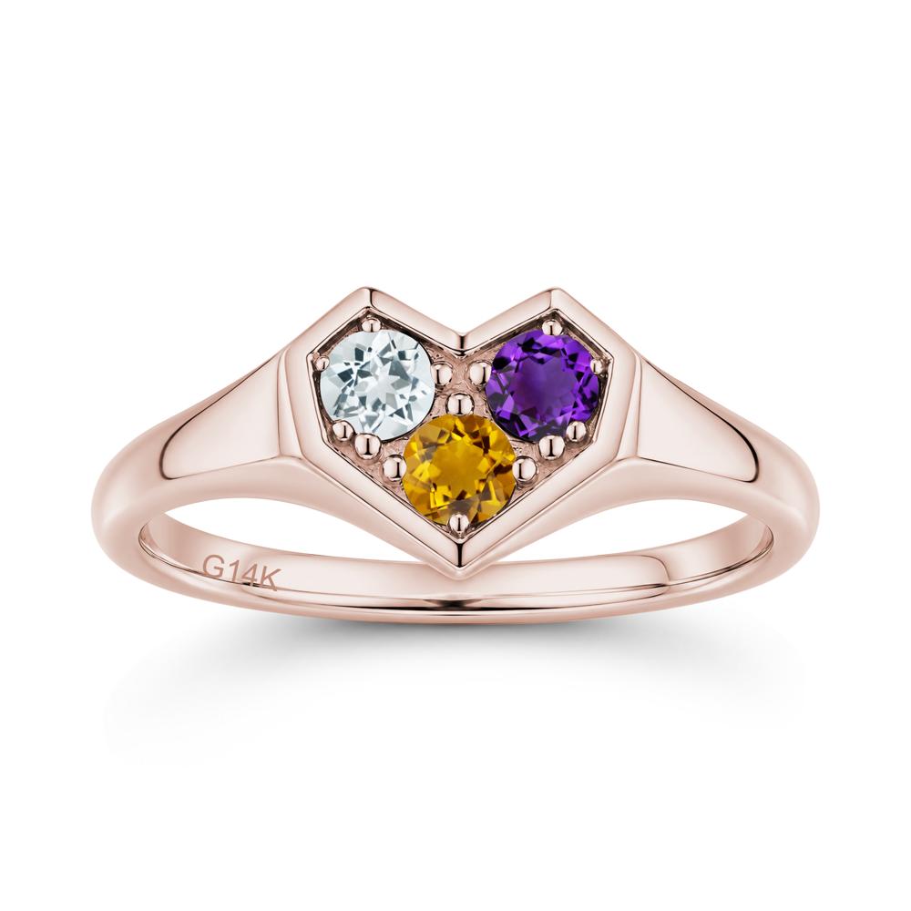 Minimalist Heart Shaped Aquamarine and Garnet and Sapphire Three Stone Ring - LUO Jewelry #gemstone_Amethyst and Aquamarine and Citrine