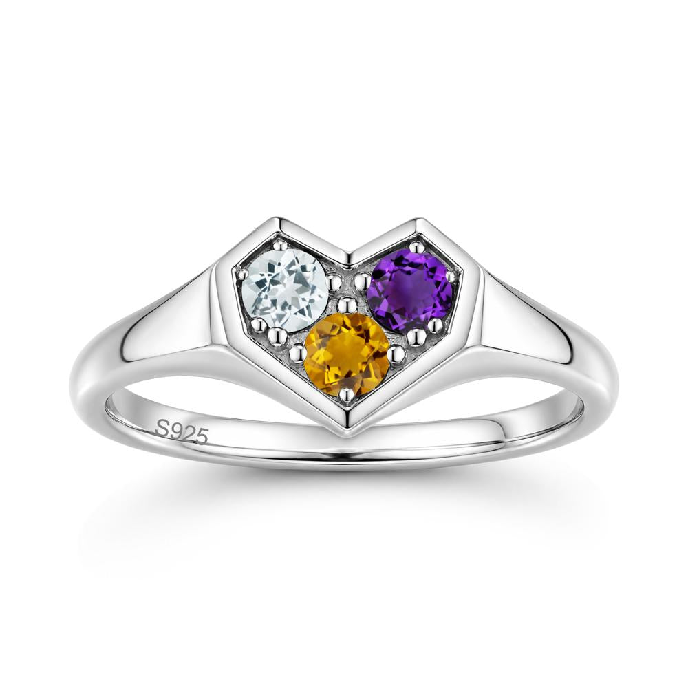 Minimalist Heart Shaped Aquamarine and Garnet and Sapphire Three Stone Ring - LUO Jewelry #gemstone_Amethyst and Aquamarine and Citrine