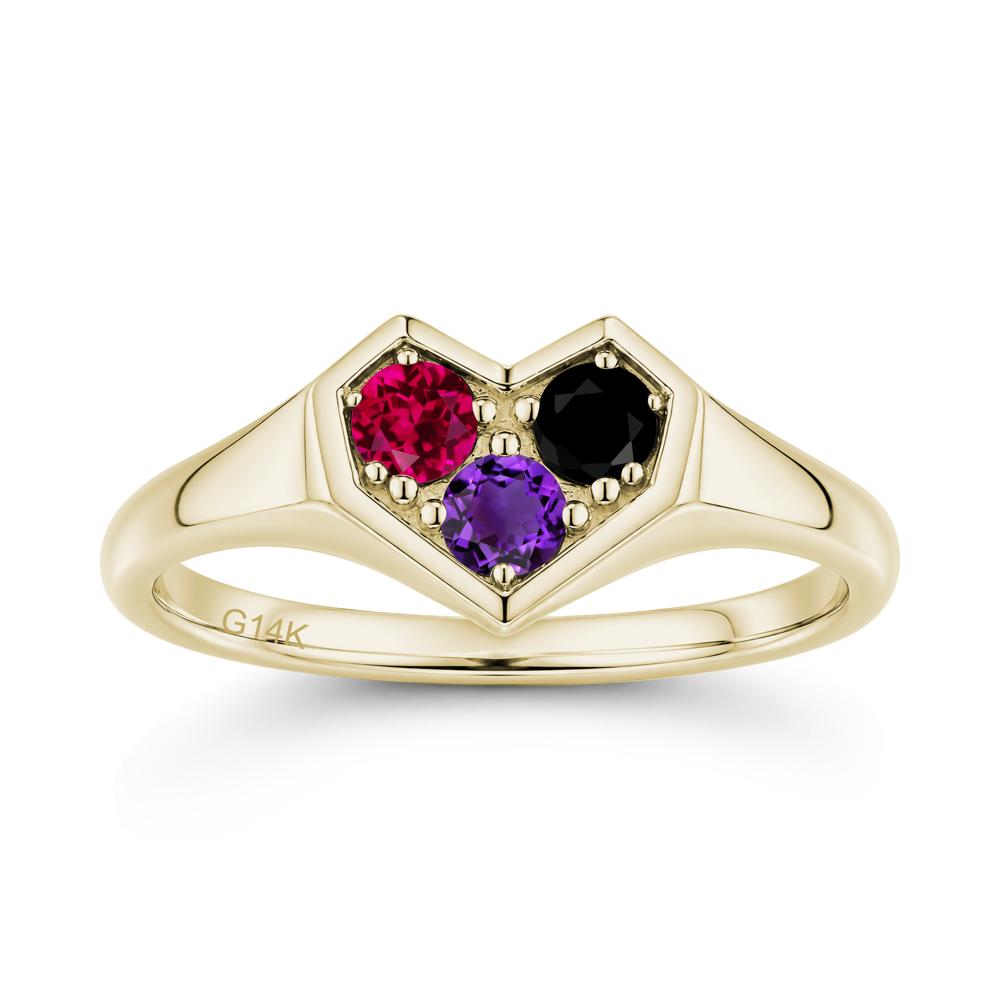 Minimalist Heart Shaped Aquamarine and Garnet and Sapphire Three Stone Ring - LUO Jewelry #gemstone_Amethyst and Black Spinel and Ruby