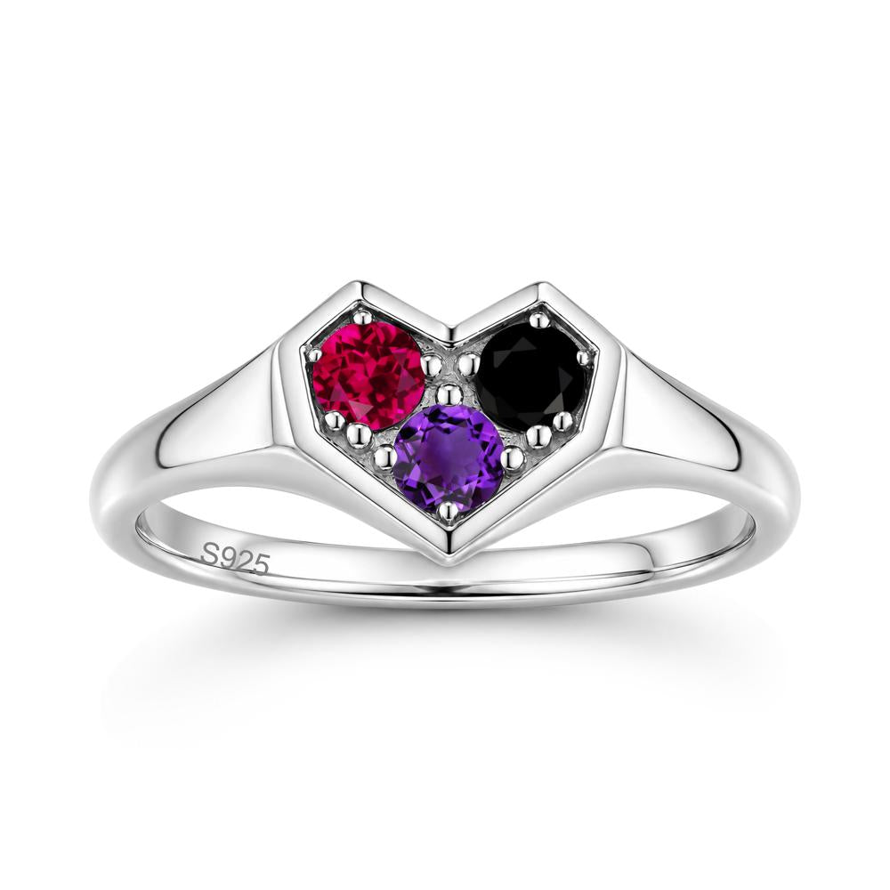 Minimalist Heart Shaped Aquamarine and Garnet and Sapphire Three Stone Ring - LUO Jewelry #gemstone_Amethyst and Black Spinel and Ruby