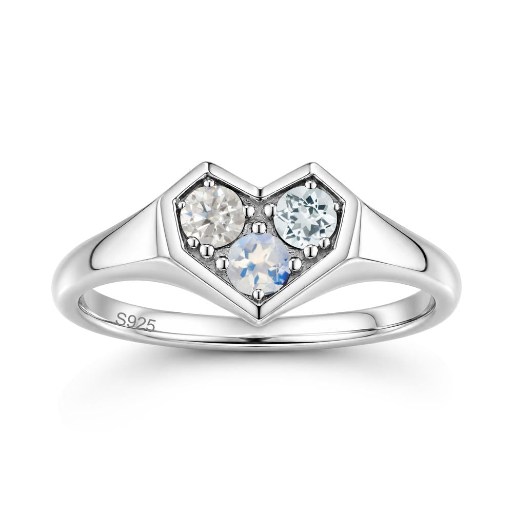 Minimalist Heart Shaped Aquamarine and Garnet and Sapphire Three Stone Ring - LUO Jewelry #gemstone_Aquamarine and Cubic Zirconia and Moonstone