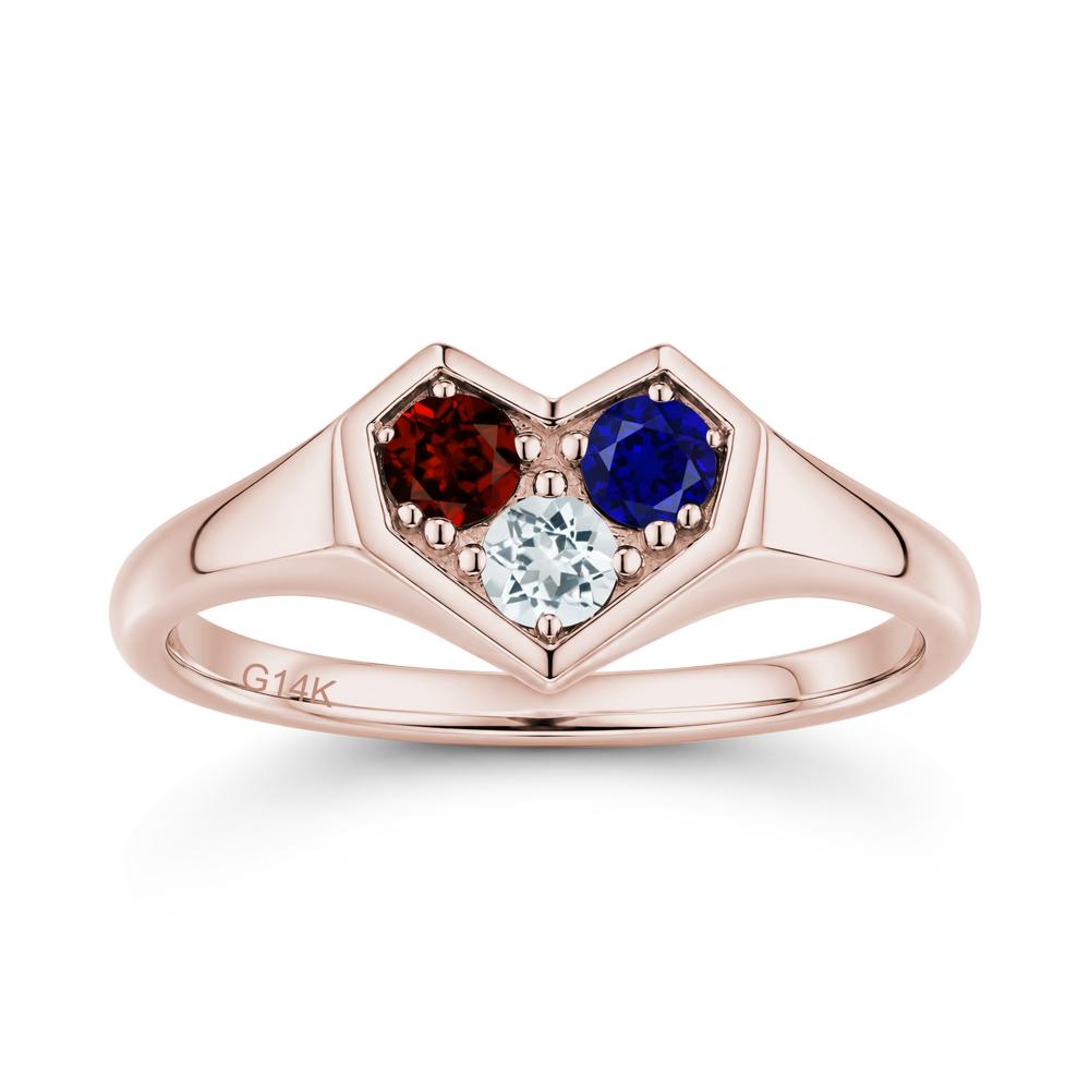 Minimalist Heart Shaped Aquamarine and Garnet and Sapphire Three Stone Ring - LUO Jewelry #gemstone_Aquamarine and Garnet and Sapphire