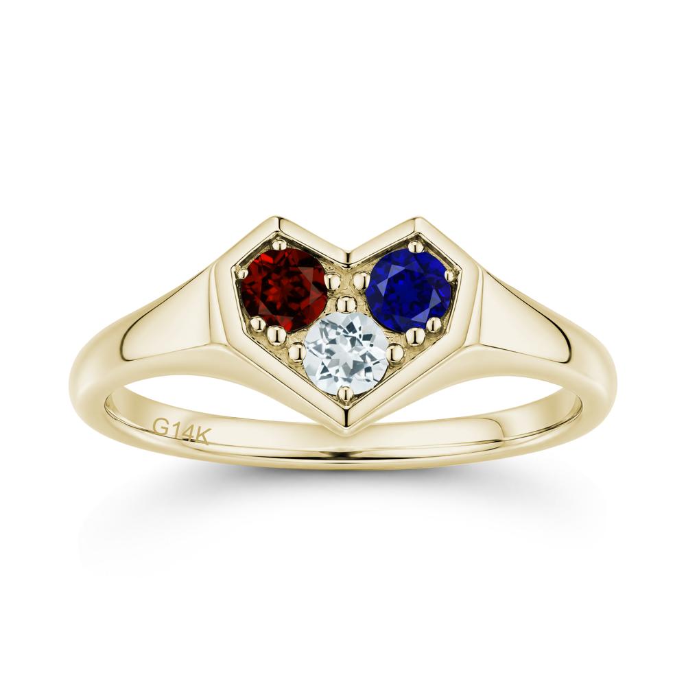 Minimalist Heart Shaped Aquamarine and Garnet and Sapphire Three Stone Ring - LUO Jewelry #gemstone_Aquamarine and Garnet and Sapphire