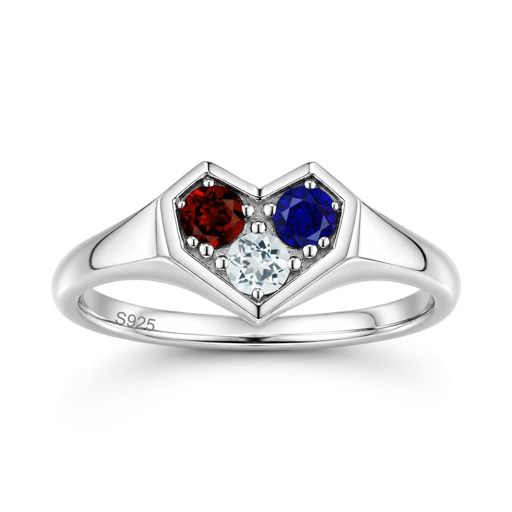 Minimalist Heart Shaped Aquamarine and Garnet and Sapphire Three Stone Ring - LUO Jewelry #gemstone_Aquamarine and Garnet and Sapphire