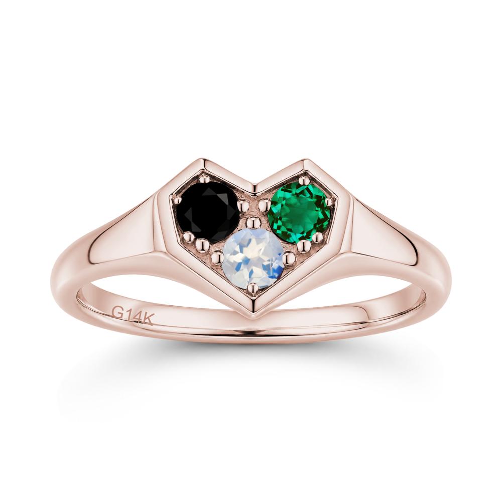 Minimalist Heart Shaped Aquamarine and Garnet and Sapphire Three Stone Ring - LUO Jewelry #gemstone_Black Spinel and Emerald and Moonstone