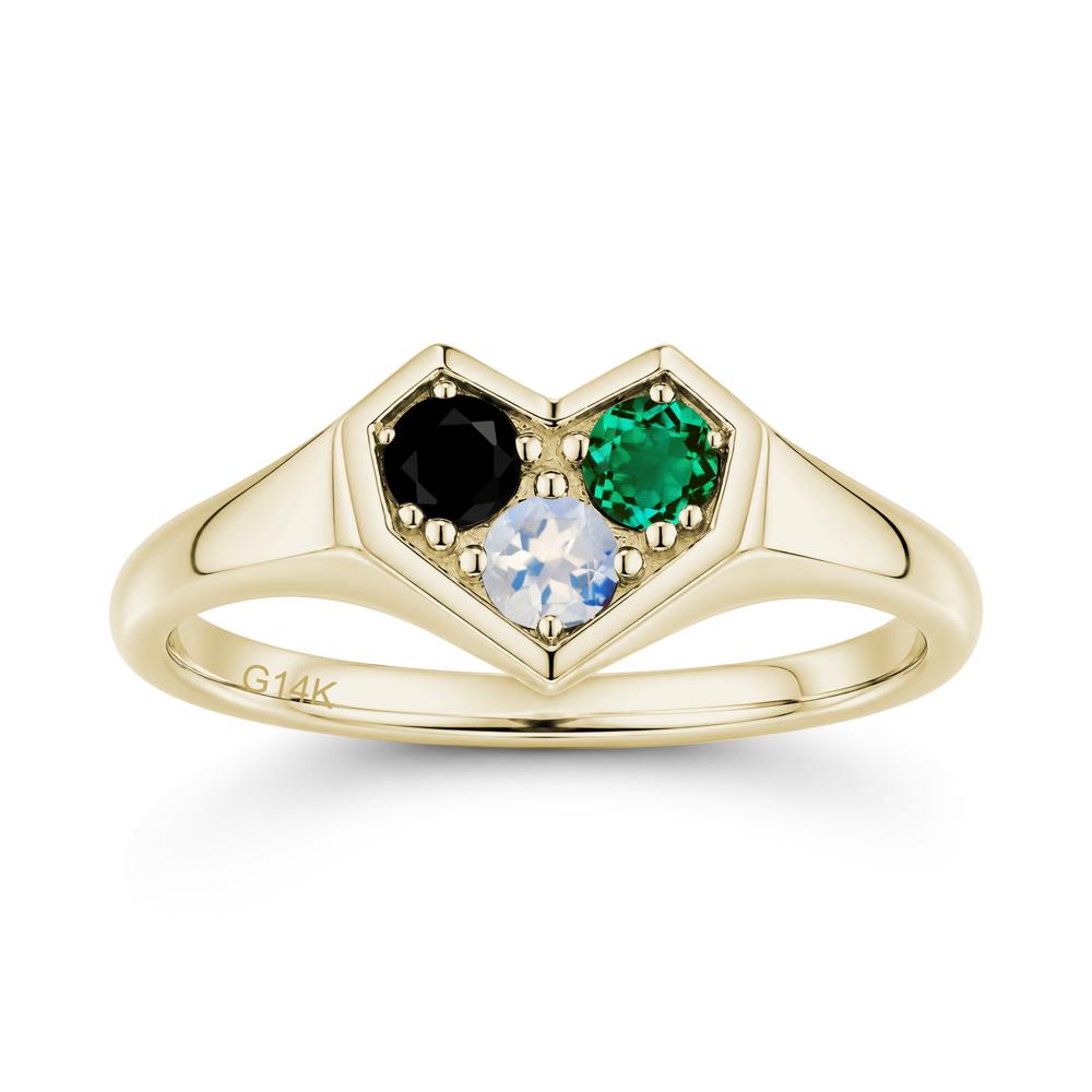 Minimalist Heart Shaped Aquamarine and Garnet and Sapphire Three Stone Ring - LUO Jewelry #gemstone_Black Spinel and Emerald and Moonstone