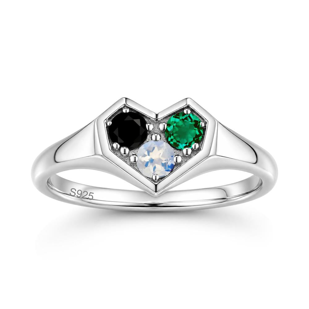 Minimalist Heart Shaped Aquamarine and Garnet and Sapphire Three Stone Ring - LUO Jewelry #gemstone_Black Spinel and Emerald and Moonstone