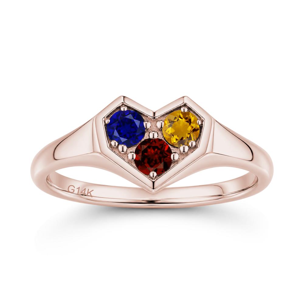 Minimalist Heart Shaped Aquamarine and Garnet and Sapphire Three Stone Ring - LUO Jewelry #gemstone_Citrine and Garnet and Sapphire