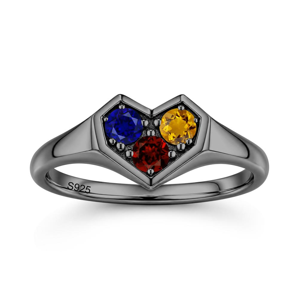 Minimalist Heart Shaped Aquamarine and Garnet and Sapphire Three Stone Ring - LUO Jewelry #gemstone_Citrine and Garnet and Sapphire