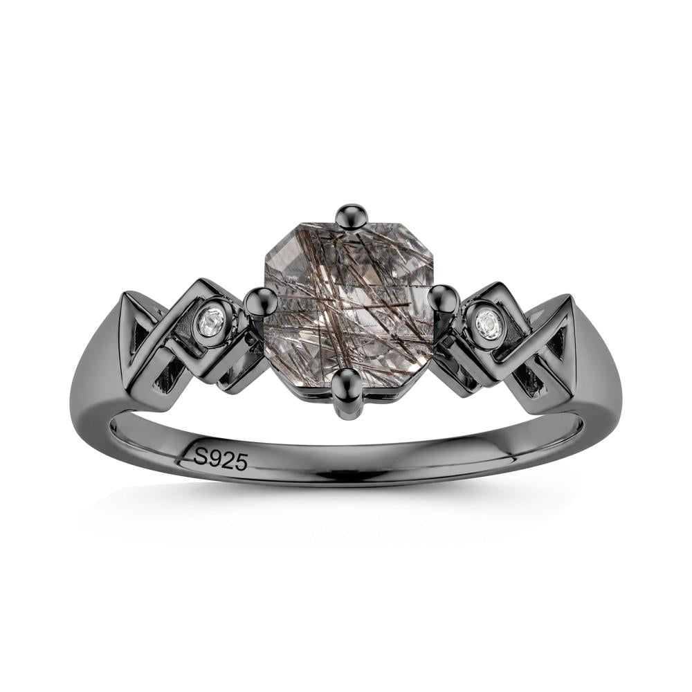 Asscher Cut Sapphire Engraved Fish Ring - LUO Jewelry #gemstone_Black Rutilated Quartz