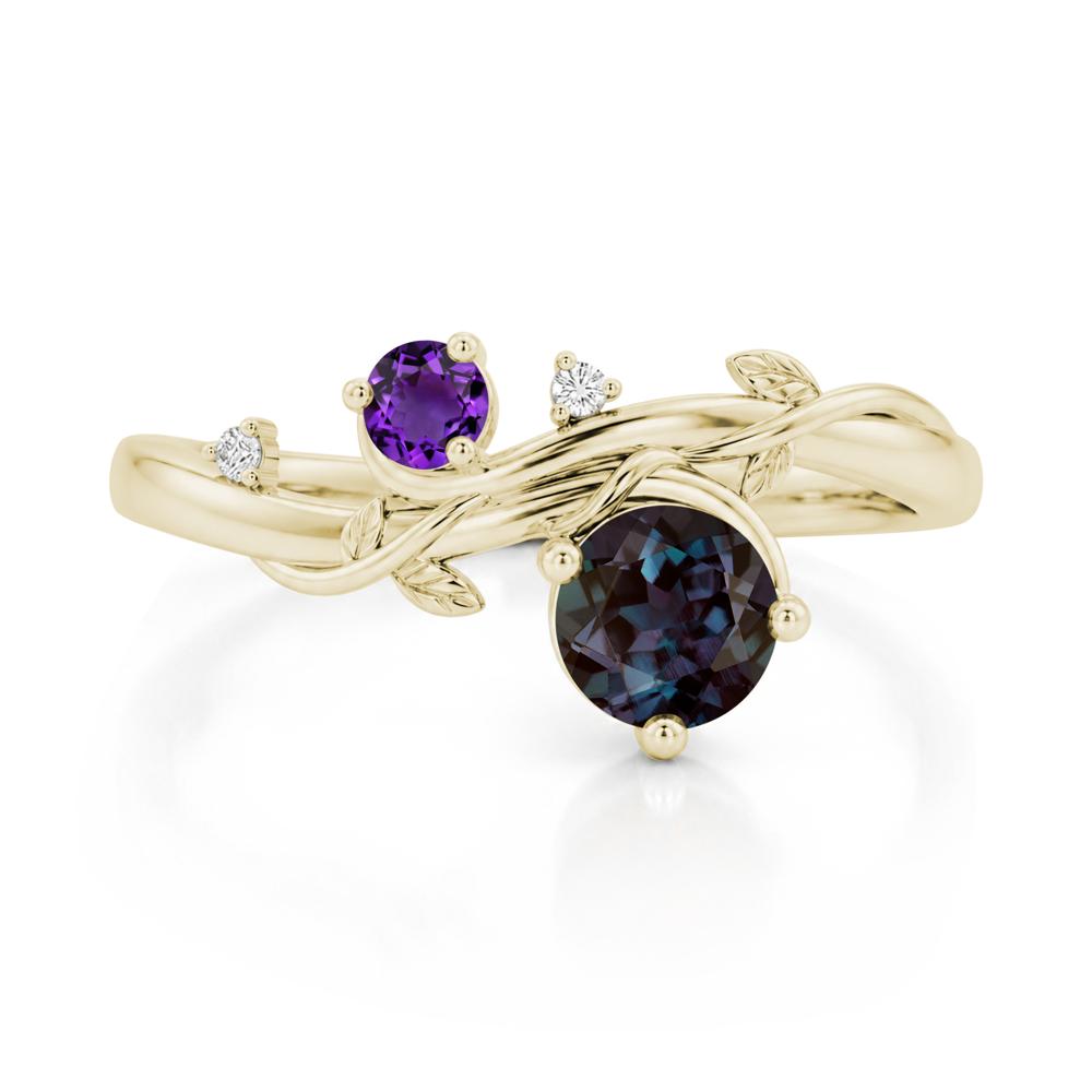 Toi Et Moi Two Stone Moissanite and Emerald Leaf Ring - LUO Jewelry #gemstone_Alexandrite and Amethyst