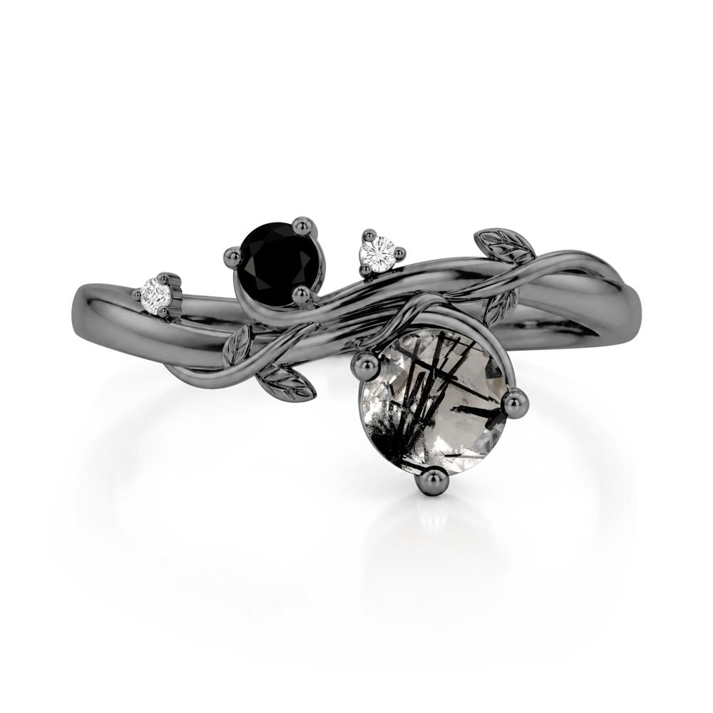 Toi Et Moi Two Stone Moissanite and Emerald Leaf Ring - LUO Jewelry #gemstone_Black Rutilated Quartz and Black Spinel