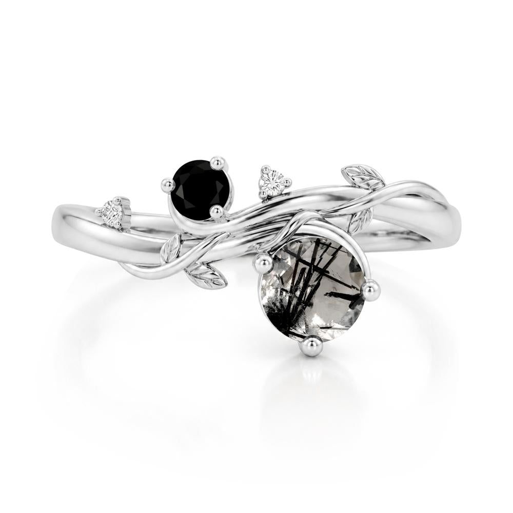Toi Et Moi Two Stone Moissanite and Emerald Leaf Ring - LUO Jewelry #gemstone_Black Rutilated Quartz and Black Spinel