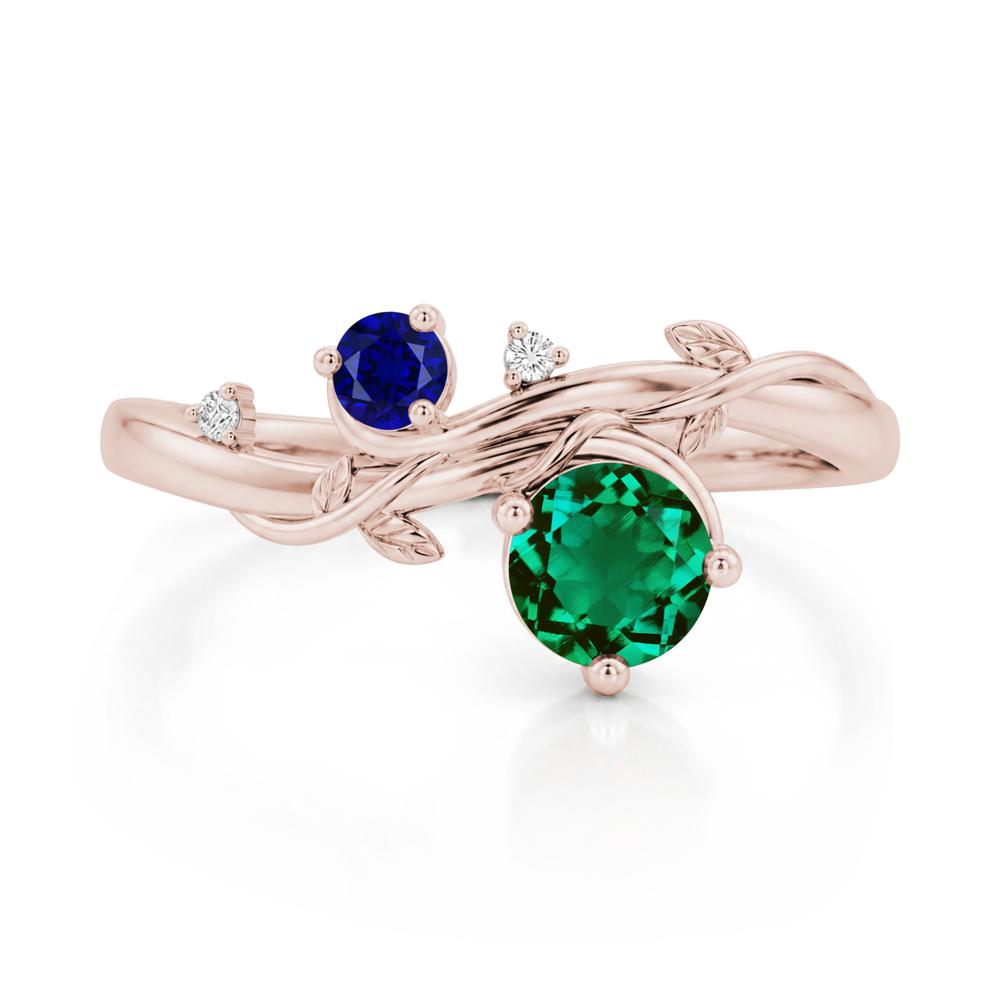 Toi Et Moi Two Stone Moissanite and Emerald Leaf Ring - LUO Jewelry #gemstone_Emerald and Sapphire
